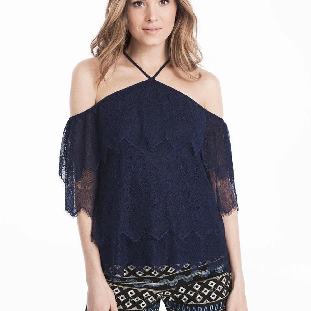 NWT WHBM Navy Lace Tiered Halter Top Size Small ❤️
